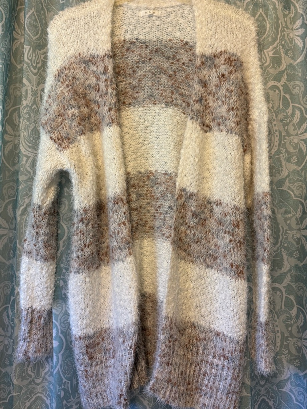 Maurices Cream & Taupe Striped Fuzzy Open-Front Women’s Cardigan